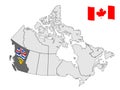 Location of British ÃÂ¡olumbia on map Canada. 3d British ÃÂ¡olumbia location sign. Flag of British ÃÂ¡olumbia Province.